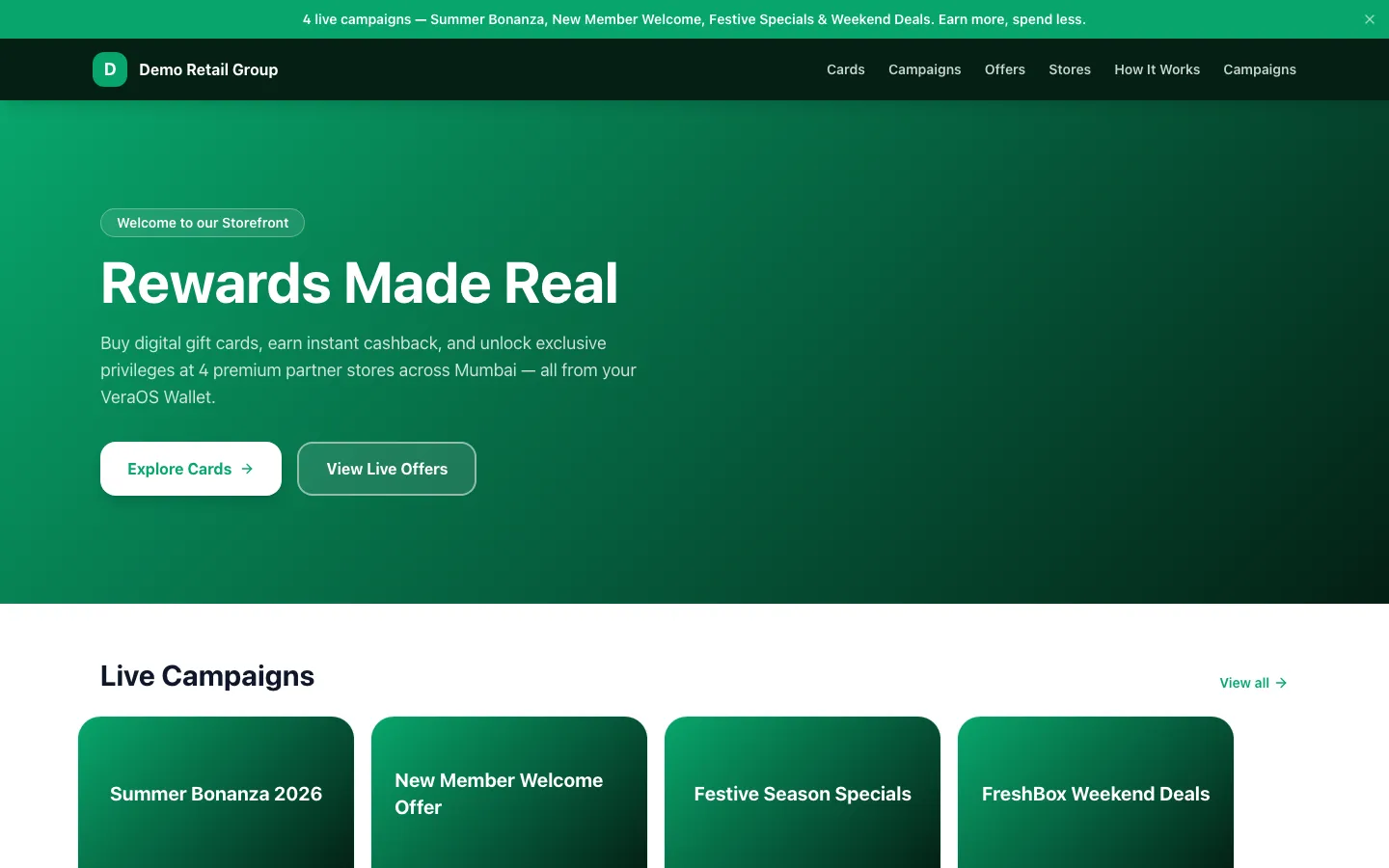VeraOS white-label storefront selling digital cards and campaigns