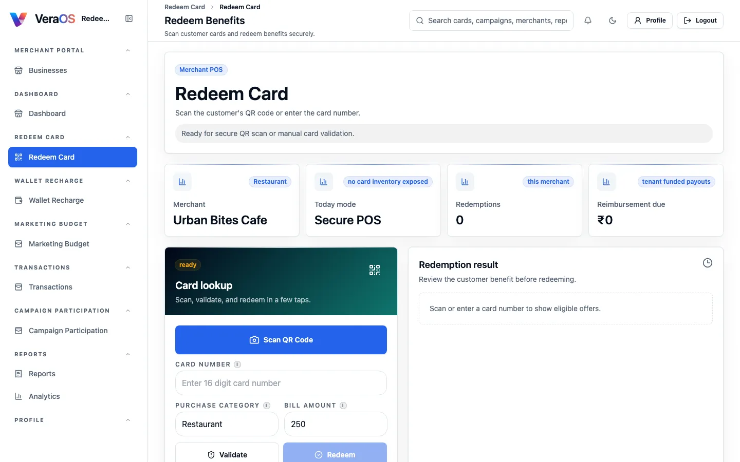 VeraOS point-of-sale redemption screen