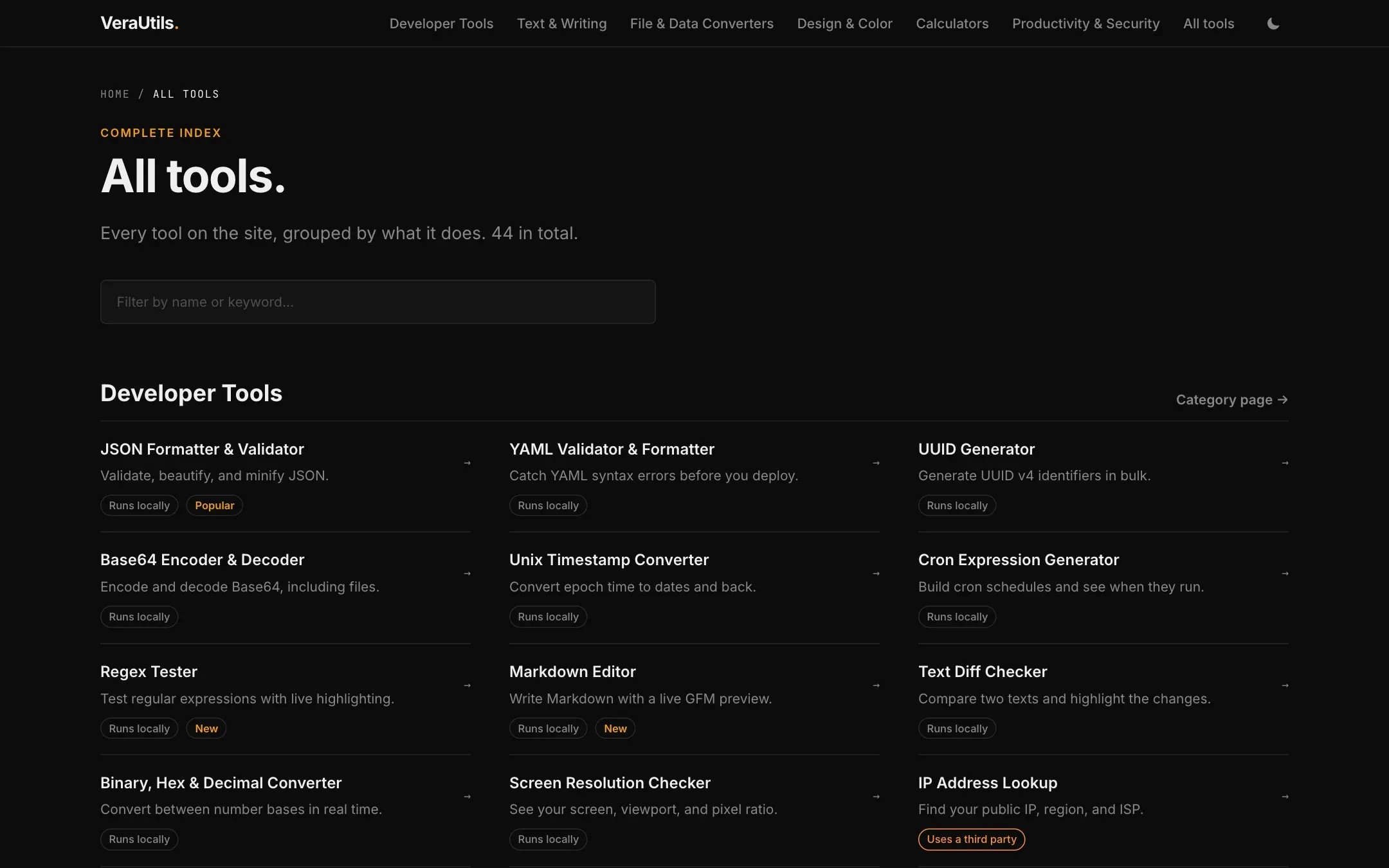 VeraUtils index of all tools grouped by category