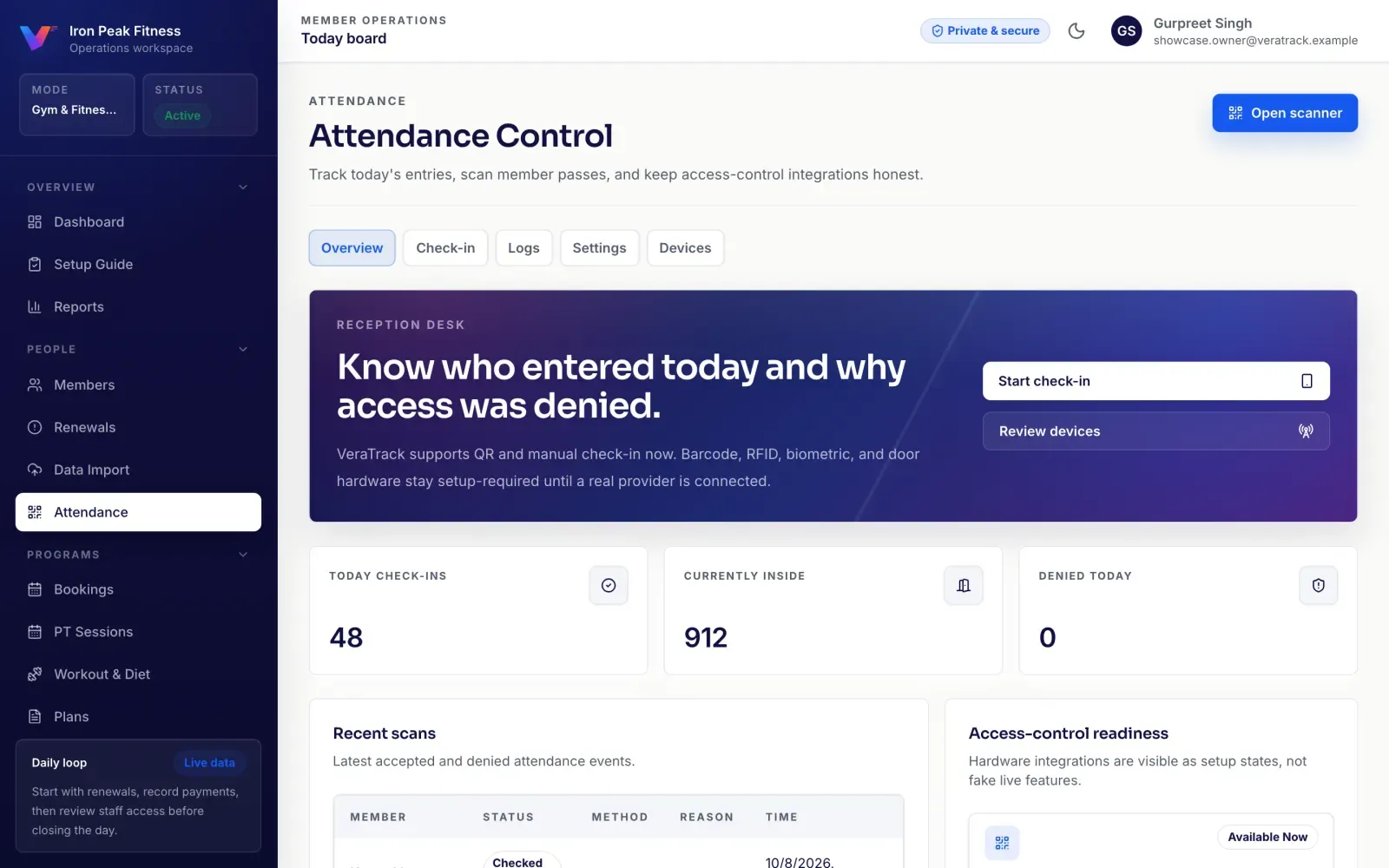 VeraTrack attendance screen with QR check-ins