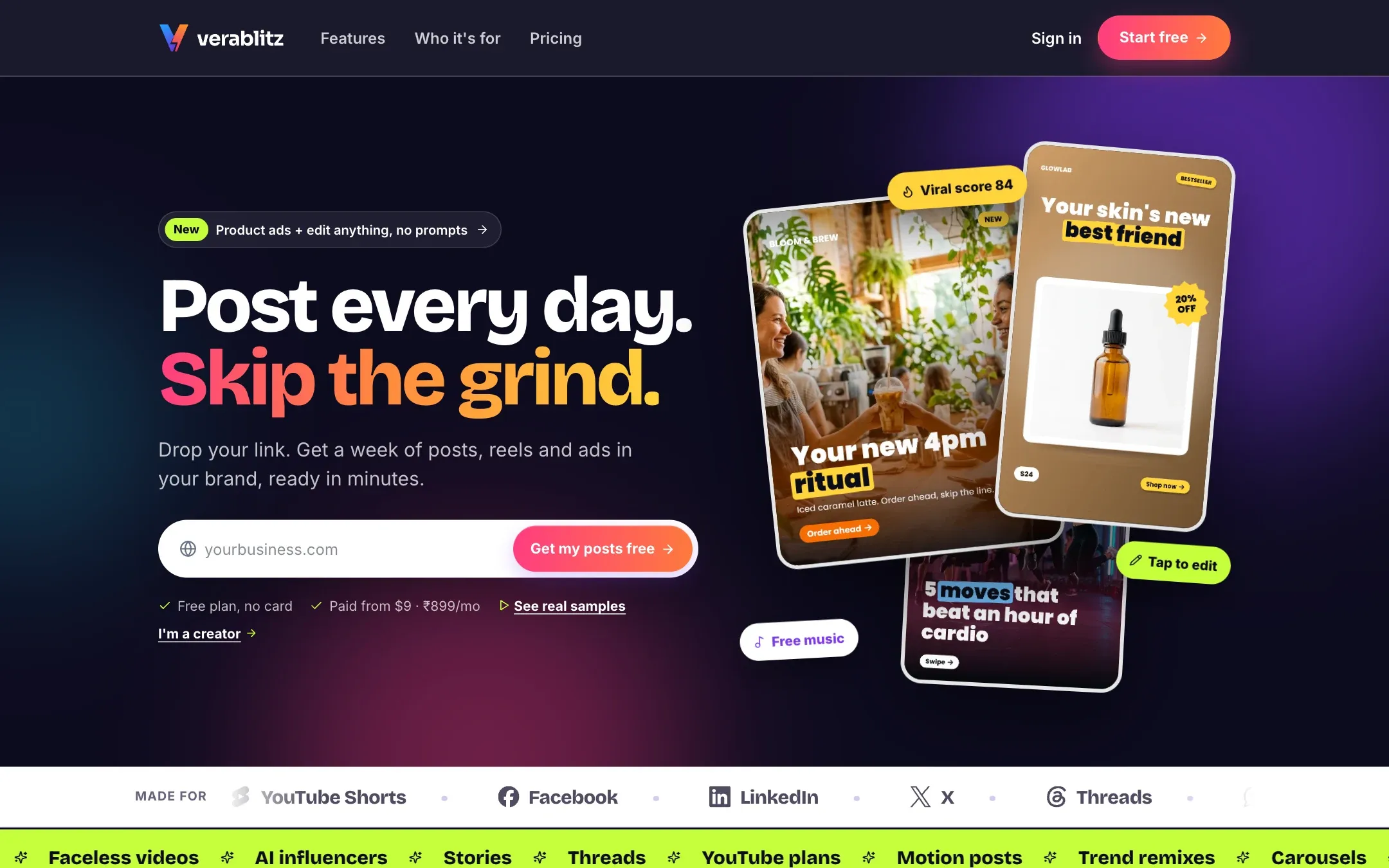 VeraBlitz homepage: paste your link to get a week of posts, reels and ads