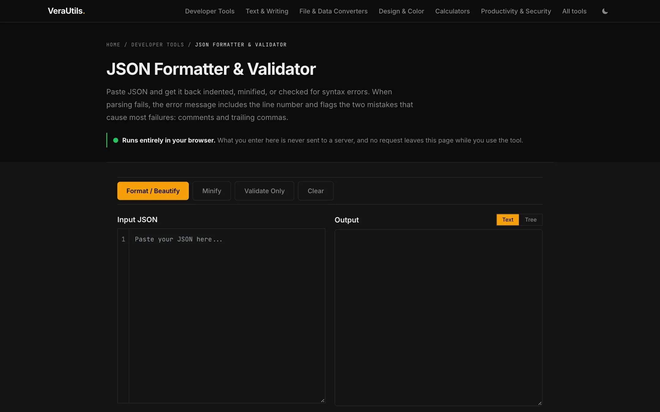 VeraUtils JSON formatter and validator running in the browser